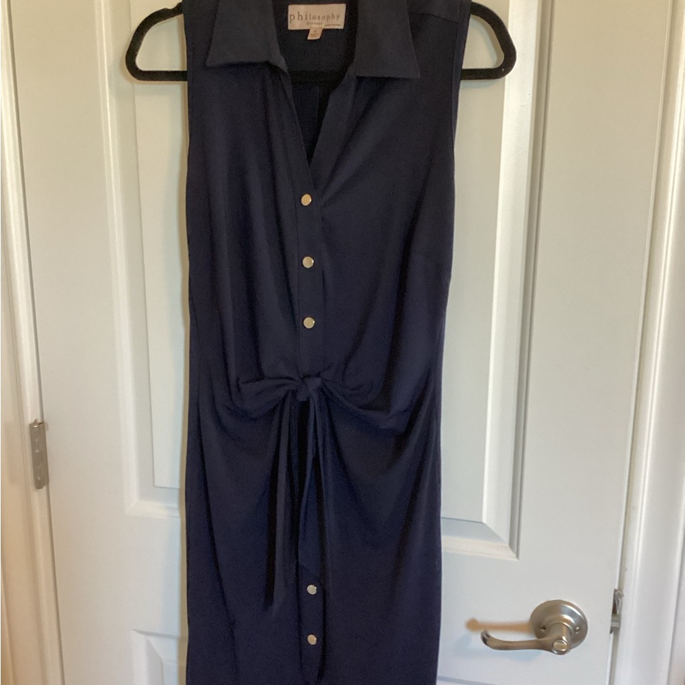Philosophy Midnight Blue Button-Down Midi Dress w/front tie sleeveless